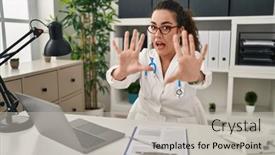  Presentation with panic - PPT theme featuring young-hispanic-woman-wearing-doctor background and a light gray colored foreground