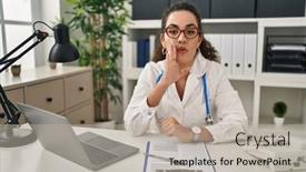  Presentation with talk - Presentation theme enhanced with young-hispanic-woman-wearing-doctor background and a mint green colored foreground