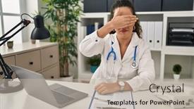  Presentation with sad woman - Slide set with young-hispanic-woman-wearing-doctor background and a mint green colored foreground