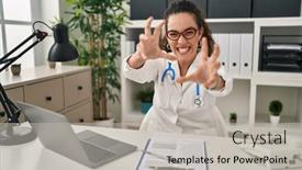  Presentation with yelling - Presentation theme consisting of young-hispanic-woman-wearing-doctor background and a light gray colored foreground