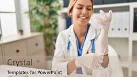  Presentation with rubber gloves doctor puts - Presentation consisting of young-hispanic-woman-wearing-doctor background and a mint green colored foreground