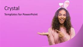  Presentation with easter - Cool new PPT layouts with young hispanic woman wearing easter backdrop and a lilac colored foreground