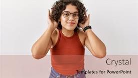  Presentation with protected hearing ear plugs - Presentation theme having young-hispanic-woman-wearing-glasses background and a coral colored foreground