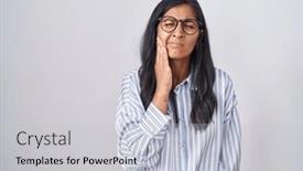  Presentation with illness - PPT theme consisting of young-hispanic-woman-wearing-glasses background and a light gray colored foreground