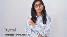  Presentation with advertisement - Presentation design featuring young-hispanic-woman-wearing-glasses background and a light gray colored foreground