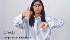  Presentation with conflict - Presentation design featuring young-hispanic-woman-wearing-glasses background and a light gray colored foreground