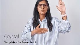  Presentation with hand palm - Presentation having young-hispanic-woman-wearing-glasses background and a lemonade colored foreground