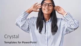  Presentation with ears - PPT layouts enhanced with young-hispanic-woman-wearing-glasses background and a light blue colored foreground