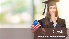 Presentation with america flag - PPT theme featuring young hispanic woman wearing graduated uniform holding flag of america cover mouth with hand shocked with shame for mistake expression of fear scared in silence secret concept background and a tawny brown colored foreground