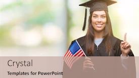  Presentation with america flag - Presentation design consisting of young hispanic woman wearing graduated uniform holding flag of america surprised with an idea or question pointing finger with happy face number one background and a coral colored foreground