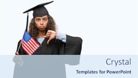  Presentation with united states flag - Beautiful presentation theme featuring young hispanic woman wearing graduation uniform holding flag of united states with angry face negative sign showing dislike with thumbs down rejection concept backdrop and a sky blue colored foreground