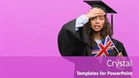  Presentation with shame - Presentation theme having young hispanic woman wearing graduation uniform holding flag of uk stressed with hand on head shocked with shame and surprise face angry and frustrated fear and upset for mistake background and a purple colored foreground