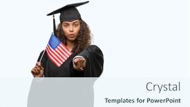  Presentation with united states flag - Theme with young hispanic woman wearing graduation uniform holding flag of united states pointing with finger to the camera and to you hand sign positive and confident gesture from the front background and a sky blue colored foreground