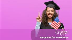  Presentation with united states flag - Slides with young hispanic woman wearing graduation uniform holding flag of united states surprised with an idea or question pointing finger with happy face number one background and a purple colored foreground