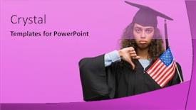  Presentation with united states flag - Slides enhanced with young hispanic woman wearing graduation uniform holding flag of united states with angry face negative sign showing dislike with thumbs down rejection concept background and a lilac colored foreground