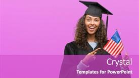 Presentation with united states flag - PPT layouts featuring young hispanic woman wearing graduation uniform holding flag of united states very happy pointing with hand and finger background and a purple colored foreground