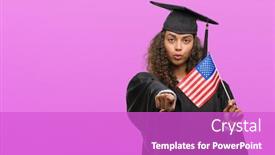  Presentation with united states flag - Amazing theme having young hispanic woman wearing graduation uniform holding flag of united states pointing with finger to the camera and to you hand sign positive and confident gesture from the front backdrop and a purple colored foreground