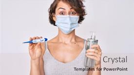  Presentation with hand sanitizer - Audience pleasing theme consisting of young-hispanic-woman-wearing-medical backdrop and a coral colored foreground