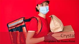  Presentation with food mask - Audience pleasing PPT theme consisting of young-hispanic-woman-wearing-medical backdrop and a crimson colored foreground