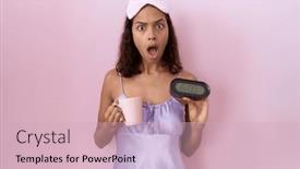  Presentation with clock face - Presentation design enhanced with young-hispanic-woman-wearing-nightgown background and a soft green colored foreground