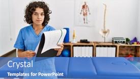  Presentation with paperwork - PPT layouts consisting of young-hispanic-woman-wearing-physio background and a teal colored foreground