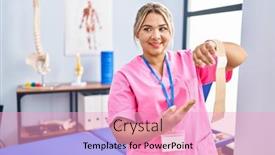  Presentation with physiotherapist - Presentation theme with young-hispanic-woman-wearing-physiotherapist background and a lemonade colored foreground