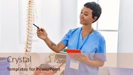  Presentation with physiotherapy - Slide set consisting of young-hispanic-woman-wearing-physiotherapist background and a coral colored foreground