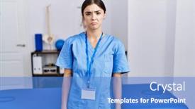  Presentation with woman crying - Slide deck consisting of young-hispanic-woman-wearing-physiotherapist background and a teal colored foreground