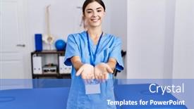  Presentation with physiotherapist - PPT layouts with young-hispanic-woman-wearing-physiotherapist background and a  colored foreground