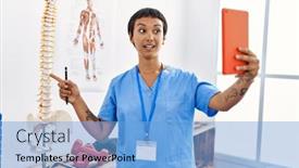  Presentation with physiotherapy - Theme having young-hispanic-woman-wearing-physiotherapist background and a light blue colored foreground