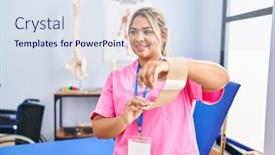  Presentation with physiotherapist - Slide set consisting of young-hispanic-woman-wearing-physiotherapist background and a sky blue colored foreground