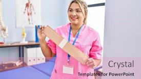  Presentation with physiotherapist - Slides having young-hispanic-woman-wearing-physiotherapist background and a coral colored foreground