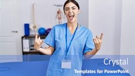  Presentation with rock music - Slide deck having young-hispanic-woman-wearing-physiotherapist background and a teal colored foreground