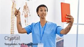  Presentation with physiotherapy - Theme featuring young-hispanic-woman-wearing-physiotherapist background and a light blue colored foreground