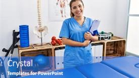  Presentation with physiotherapy - Slide deck enhanced with young-hispanic-woman-wearing-physiotherapy background and a teal colored foreground