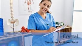  Presentation with physiotherapy - PPT layouts having young-hispanic-woman-wearing-physiotherapy background and a teal colored foreground