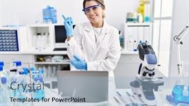  Presentation with scientist - Theme featuring young-hispanic-woman-wearing-scientist background and a light blue colored foreground