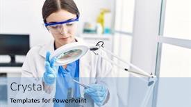  Presentation with scientist - Presentation theme consisting of young-hispanic-woman-wearing-scientist background and a light blue colored foreground