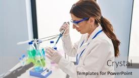  Presentation with pipette - Slide deck having young-hispanic-woman-wearing-scientist background and a light gray colored foreground