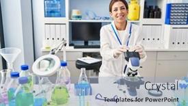  Presentation with scientist - Presentation design featuring young-hispanic-woman-wearing-scientist background and a light blue colored foreground
