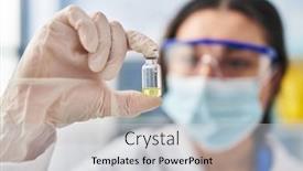  Presentation with medical vaccine - PPT theme with young-hispanic-woman-wearing-scientist background and a light gray colored foreground