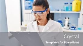 Presentation with scientist - Presentation theme having young-hispanic-woman-wearing-scientist and a gray colored foreground