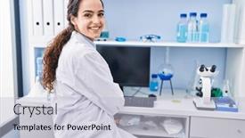  Presentation with scientist - PPT theme featuring young-hispanic-woman-wearing-scientist background and a lemonade colored foreground