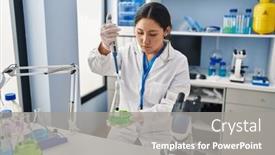  Presentation with pipette - Presentation theme featuring young-hispanic-woman-wearing-scientist background and a gray colored foreground