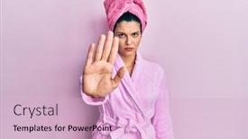  Presentation with hand palm - Slide set with young-hispanic-woman-wearing-shower background and a lemonade colored foreground