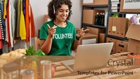  Presentation with call center - Slide deck consisting of young-hispanic-woman-wearing-volunteer background and a coral colored foreground