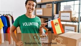  Presentation with teamwork volunteer charity help giving - Theme enhanced with young-hispanic-woman-wearing-volunteer background and a coral colored foreground