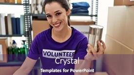  Presentation with canned food - Slide set enhanced with young-hispanic-woman-wearing-volunteer background and a violet colored foreground
