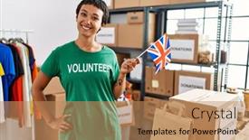  Presentation with united kingdom - Slide set with young-hispanic-woman-wearing-volunteer background and a coral colored foreground