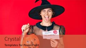  Presentation with hispanic - Colorful presentation design enhanced with young-hispanic-woman-wearing-witch backdrop and a red colored foreground